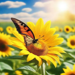 A beautiful butterfly fluttering around a vibrant sunflower in a sunny field