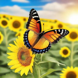 A beautiful butterfly fluttering around a vibrant sunflower in a sunny field