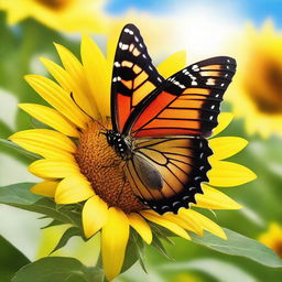 A beautiful butterfly fluttering around a vibrant sunflower in a sunny field