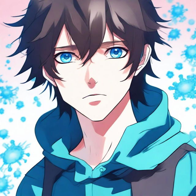 An anime-style illustration of a 25-year-old brunette man with blue eyes, depicted as a living virus