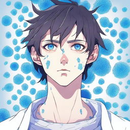 An anime-style illustration of a 25-year-old brunette man with blue eyes, depicted as a living virus