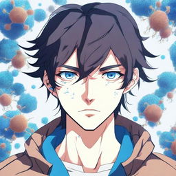 An anime-style illustration of a 25-year-old brunette man with blue eyes, depicted as a living virus