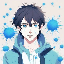 An anime-style illustration of a 25-year-old brunette man with blue eyes, depicted as a living virus