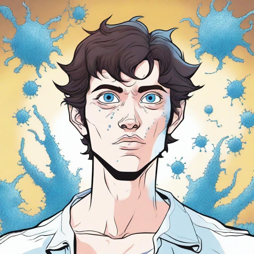 A comic-style illustration of a 25-year-old brunette man with blue eyes, depicted as a living virus