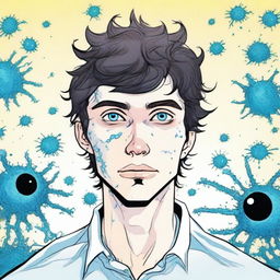 A comic-style illustration of a 25-year-old brunette man with blue eyes, depicted as a living virus