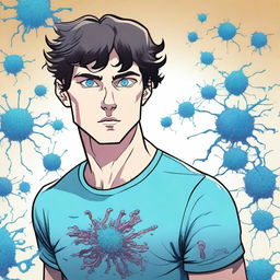 A comic-style illustration of a 25-year-old brunette man with blue eyes, depicted as a living virus