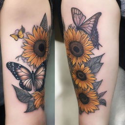 A detailed tattoo design featuring a butterfly and a sunflower