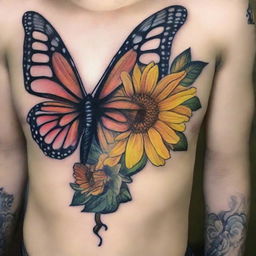 A detailed tattoo design featuring a butterfly and a sunflower