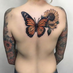 A detailed tattoo design featuring a butterfly and a sunflower