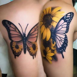 A detailed tattoo design featuring a butterfly and a sunflower