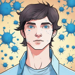 A comic-style illustration of a 23-year-old young brunette man with blue eyes, depicted as a living virus