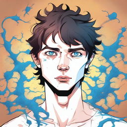 A comic-style illustration of a 23-year-old young brunette man with blue eyes, depicted as a living virus