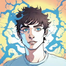 A comic-style illustration of a 23-year-old young brunette man with blue eyes, depicted as a living virus