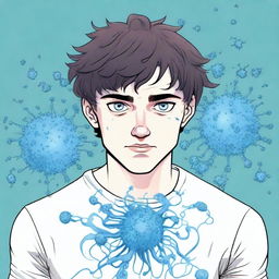 A comic-style illustration of a 23-year-old young brunette man with blue eyes, depicted as a living virus