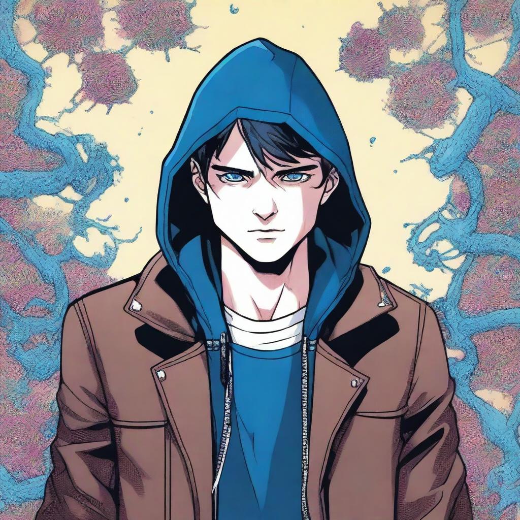 A comic-style illustration of a 23-year-old young brunette man with blue eyes and short hair, depicted as a living virus