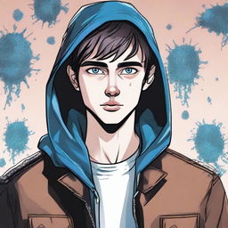 A comic-style illustration of a 23-year-old young brunette man with blue eyes and short hair, depicted as a living virus