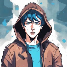 A comic-style illustration of a 23-year-old young brunette man with blue eyes and short hair, depicted as a living virus