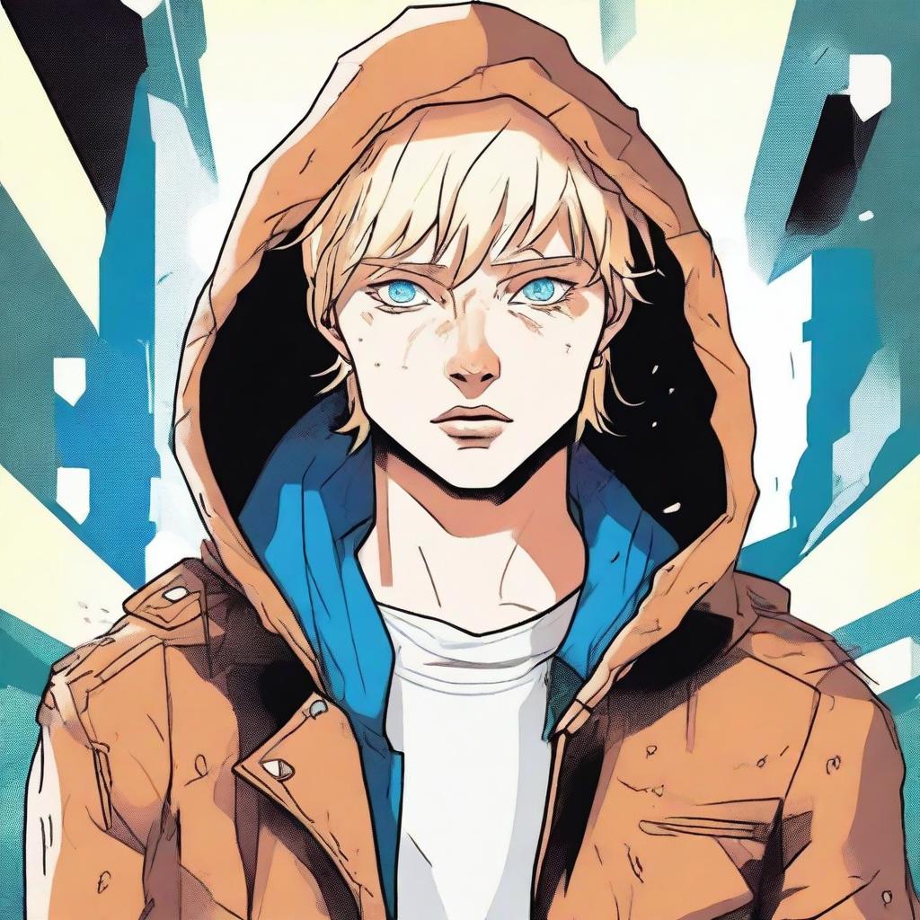 A comic-style illustration of a 23-year-old young blond man with blue eyes and short hair, depicted as a living virus