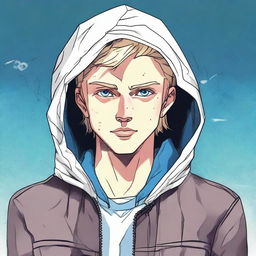 A comic-style illustration of a 23-year-old young blond man with blue eyes and short hair, depicted as a living virus