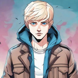 A comic-style illustration of a 23-year-old young blond man with blue eyes and short hair, depicted as a living virus