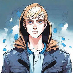 A comic-style illustration of a 23-year-old young blond man with blue eyes and short hair, depicted as a living virus