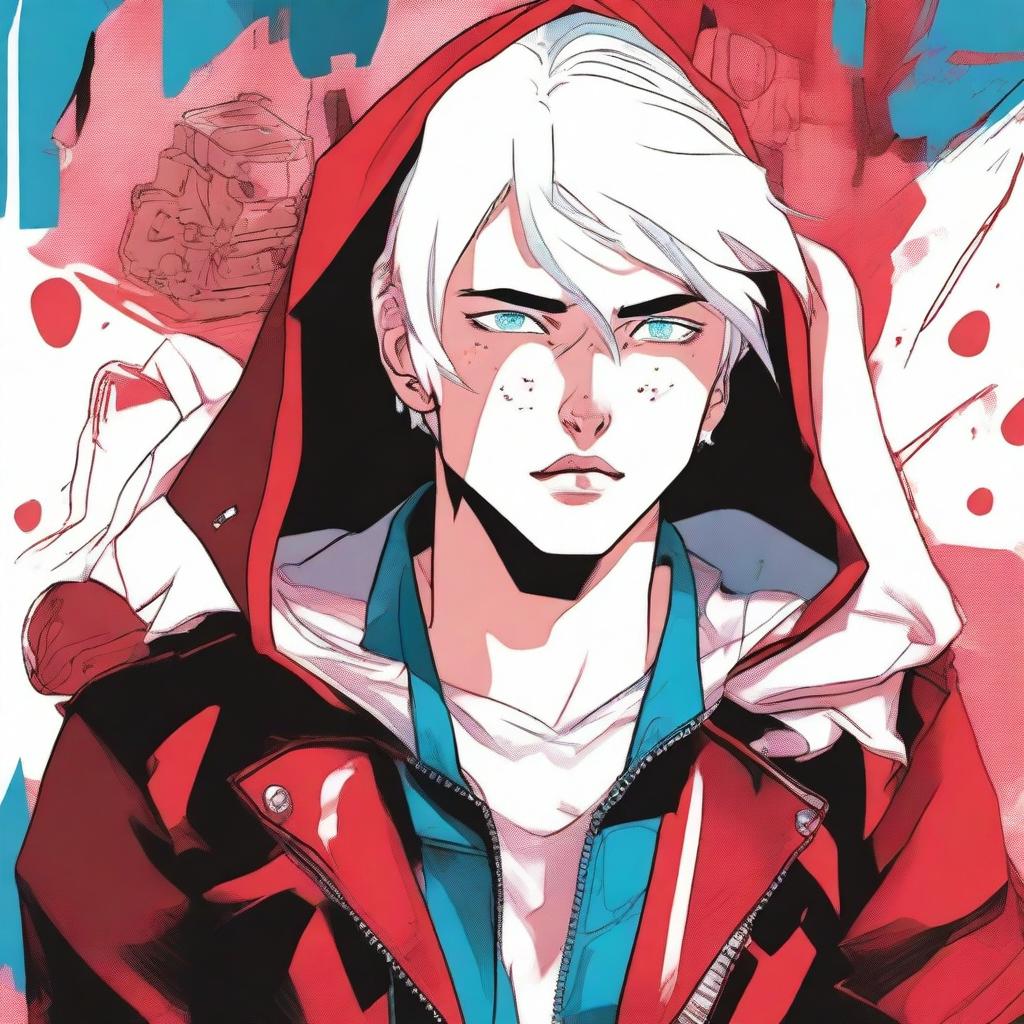 A comic-style illustration of a 23-year-old young man with platinum blonde hair, blue eyes, and short hair, depicted as a red virus