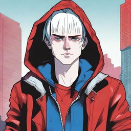 A comic-style illustration of a 23-year-old young man with platinum blonde hair, blue eyes, and short hair, depicted as a red virus