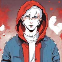 A comic-style illustration of a 23-year-old young man with platinum blonde hair, blue eyes, and short hair, depicted as a red virus