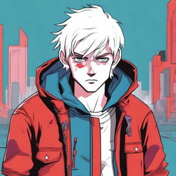 A comic-style illustration of a 23-year-old young man with platinum blonde hair, blue eyes, and short hair, depicted as a red virus