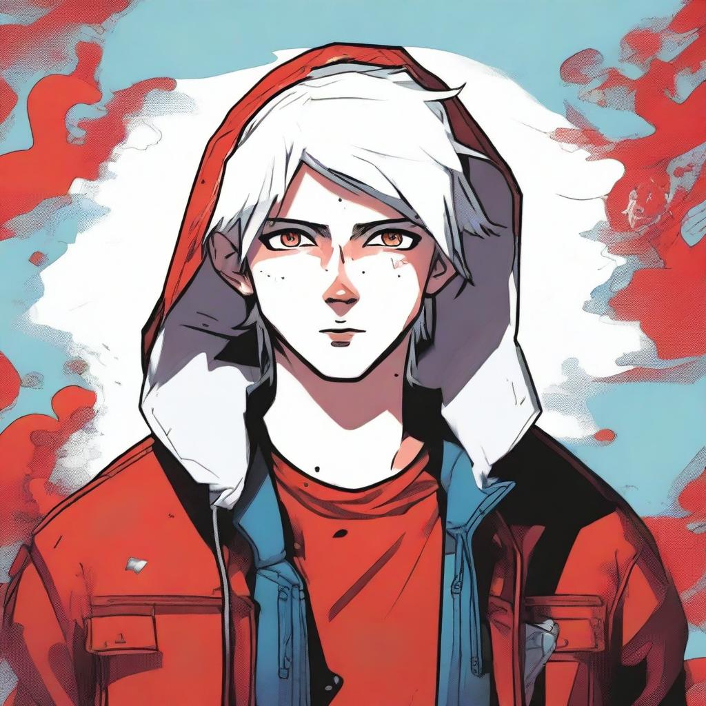 A comic-style illustration of a 21-year-old young man with platinum blonde hair, blue eyes, and short hair, depicted as a red virus