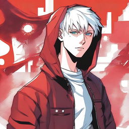 A comic-style illustration of a 21-year-old young man with platinum blonde hair, blue eyes, and short hair, depicted as a red virus