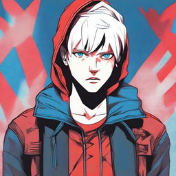 A comic-style illustration of a 21-year-old young man with platinum blonde hair, blue eyes, and short hair, depicted as a red virus