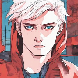 A comic-style illustration of a 21-year-old young man with platinum blonde hair, blue eyes, and short hair, depicted as a red virus