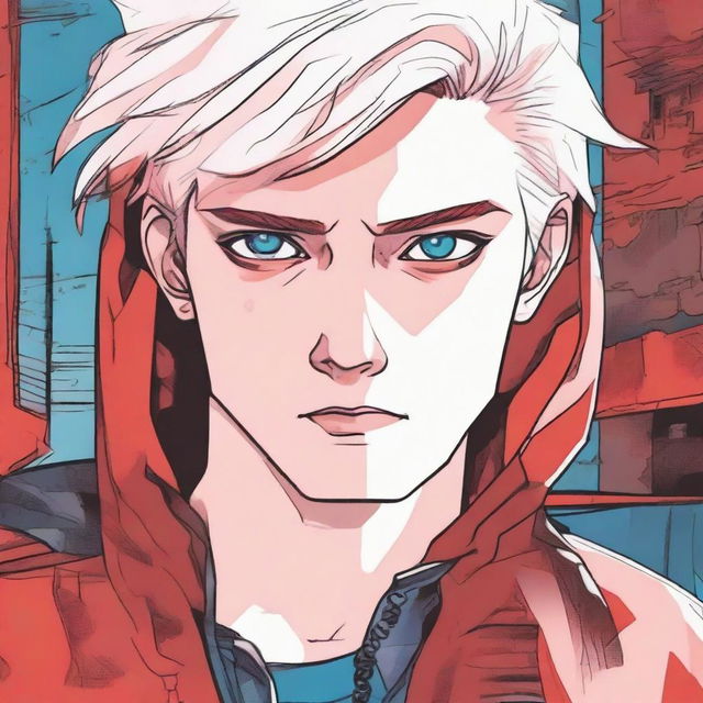 A comic-style illustration of a 21-year-old young man with platinum blonde hair, blue eyes, and short hair, depicted as a red virus