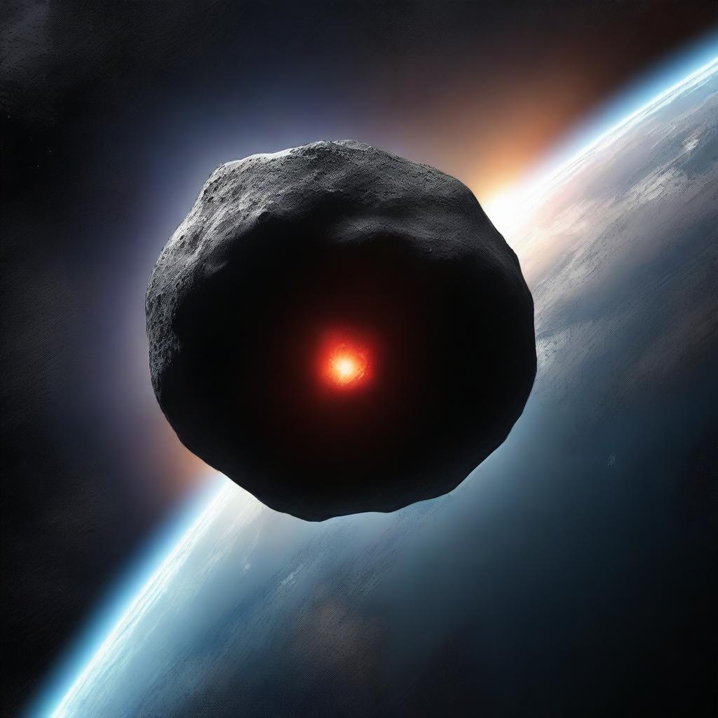 Create a book cover featuring a black asteroid approaching Earth