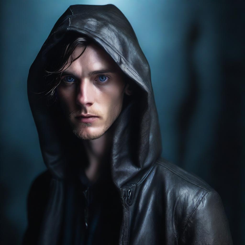 A 28-year-old man with blue eyes and brunette hair, wearing a hooded leather jacket