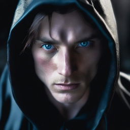 A 28-year-old man with blue eyes and brunette hair, wearing a hooded leather jacket