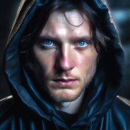 A 28-year-old man with blue eyes and brunette hair, wearing a hooded leather jacket