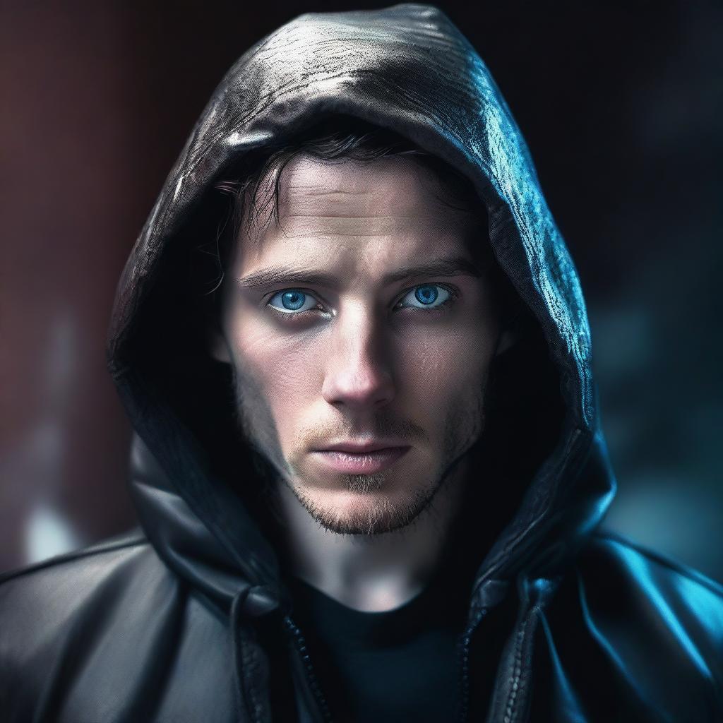 A 28-year-old man with blue eyes and brunette hair, wearing a hooded leather jacket