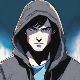 A comic-style illustration of a 28-year-old man with blue eyes and brunette hair, wearing a hooded leather jacket