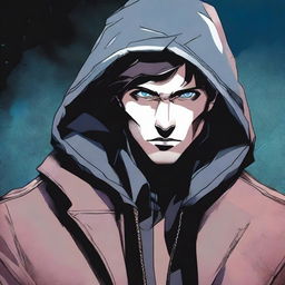 A comic-style illustration of a 28-year-old man with blue eyes and brunette hair, wearing a hooded leather jacket