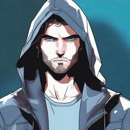 A comic-style illustration of a 28-year-old man with blue eyes and brunette hair, wearing a hooded leather jacket