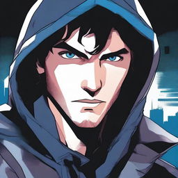 A comic-style illustration of a 28-year-old man with blue eyes and brunette hair, wearing a hooded leather jacket