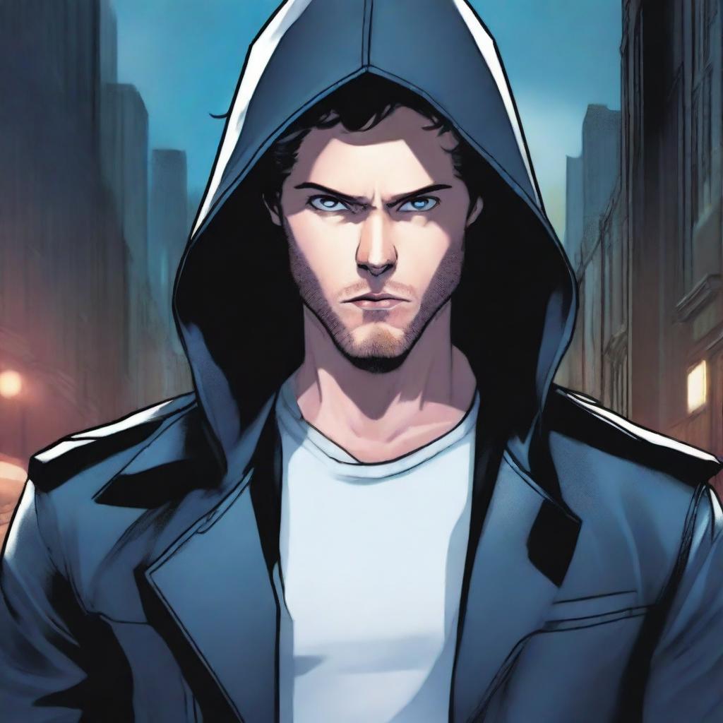 A comic-style illustration of a 28-year-old man with blue eyes and brunette hair, wearing a hooded leather jacket