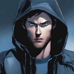 A comic-style illustration of a 28-year-old man with blue eyes and brunette hair, wearing a hooded leather jacket