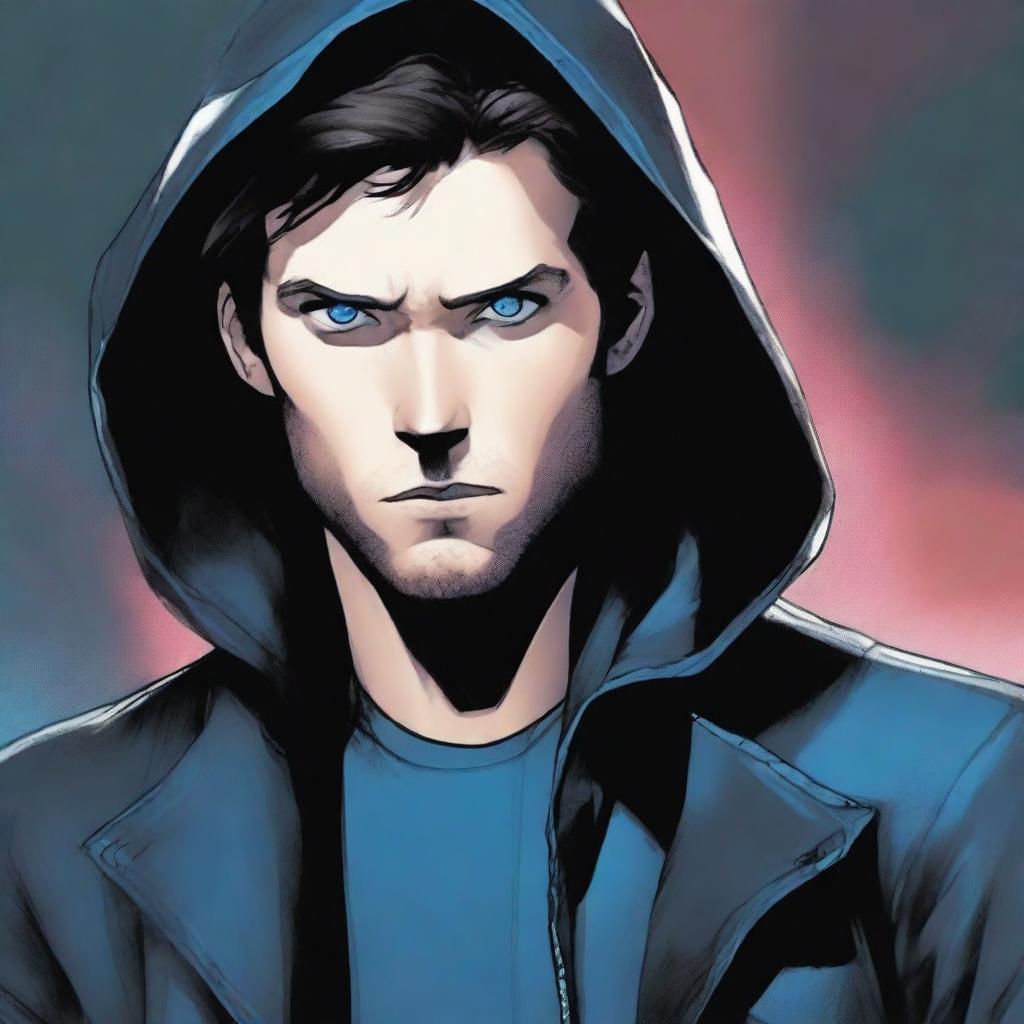 A comic-style illustration of a 28-year-old man with blue eyes and brunette hair, wearing a hooded leather jacket