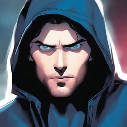 A comic-style illustration of a 28-year-old man with blue eyes and brunette hair, wearing a hooded leather jacket