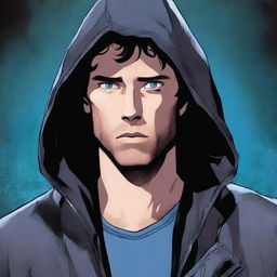 A comic-style illustration of a 25-year-old man with blue eyes and brunette hair, wearing a hooded leather jacket