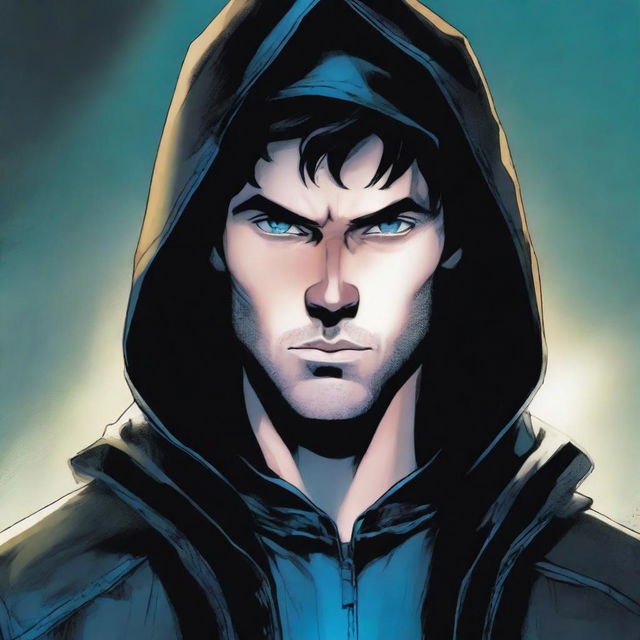 A comic-style illustration of a 25-year-old man with blue eyes and brunette hair, wearing a hooded leather jacket