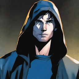 A comic-style illustration of a 25-year-old man with blue eyes and brunette hair, wearing a hooded leather jacket